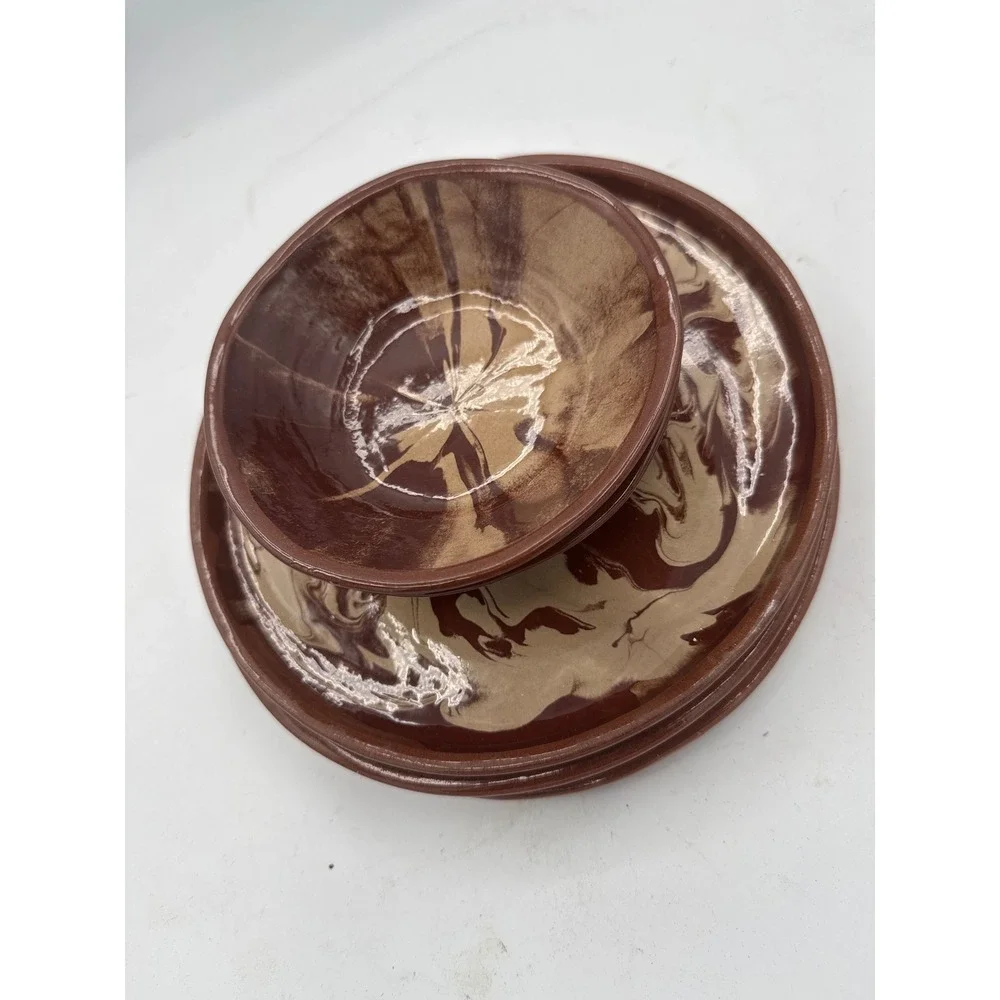 Clayborn Pottery Montana Marbled Agateware Set of 5 Plates & Bowls Signed 2005